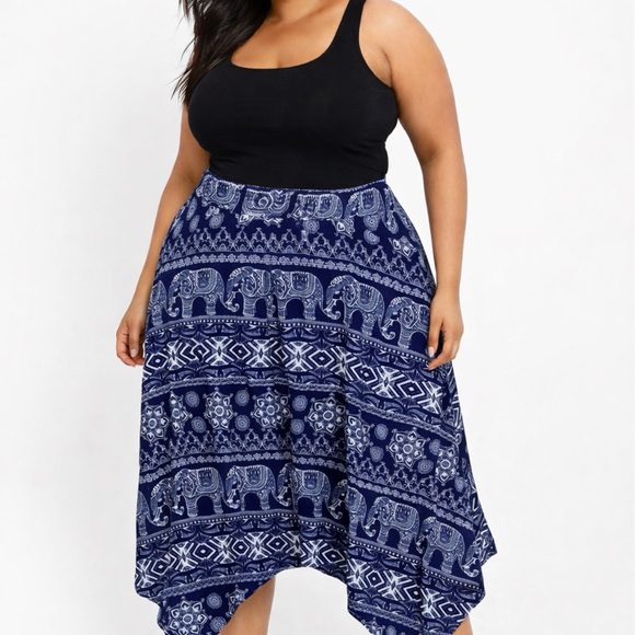 Hot Kiss Dresses & Skirts - Hot Kiss Boho Thai Elephant Geometric Floral Handkerchief Midi Skirt Women’s 2X
